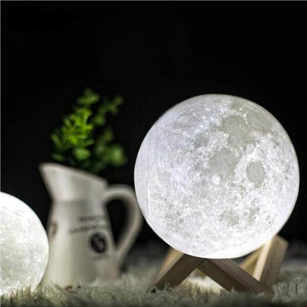 3D Moon Lamp LED Night Light Desk Top Lamp with Wooden Base and Touch Seneor 3 Color Changing USB Light 20cm