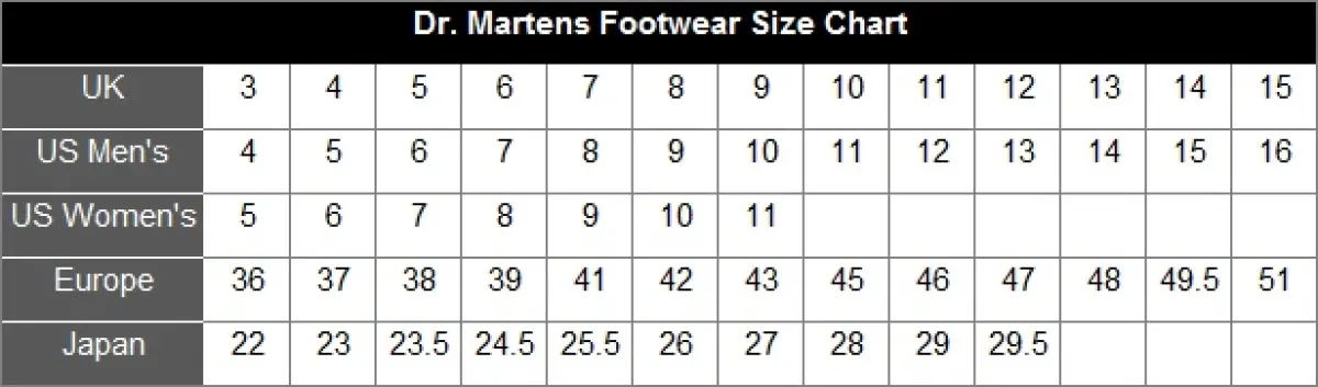 doc martens shoe size chart