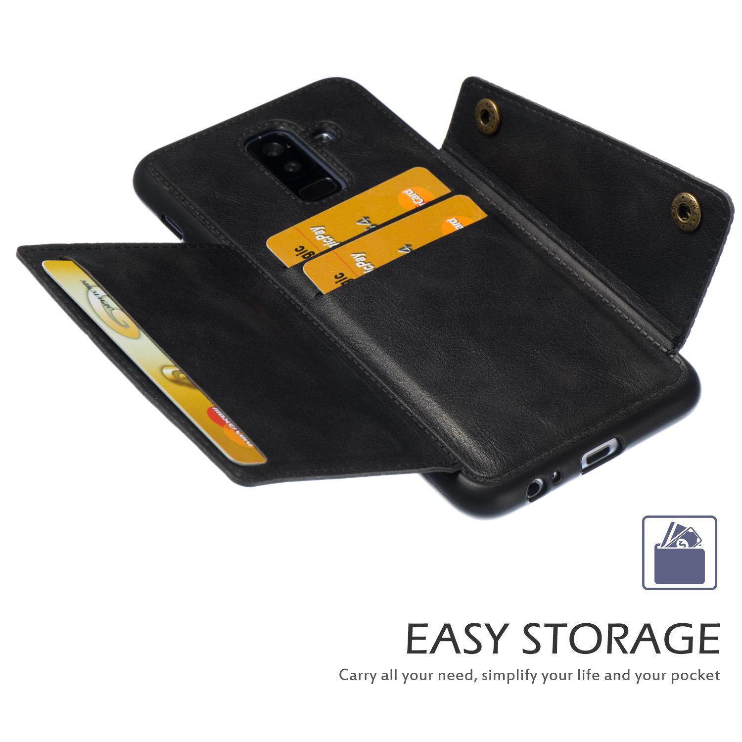 Cho Samsung A6 + a6plus 2018 da trường hợp nhiều Folio lật Bìa Wallet trở lại trường hợp vỏ, có thể làm việc với gắn trên xe hơi, ẩn thẻ tín dụng ID khe giữ, retro nút kim loại clasp, đứng hỗ trợ