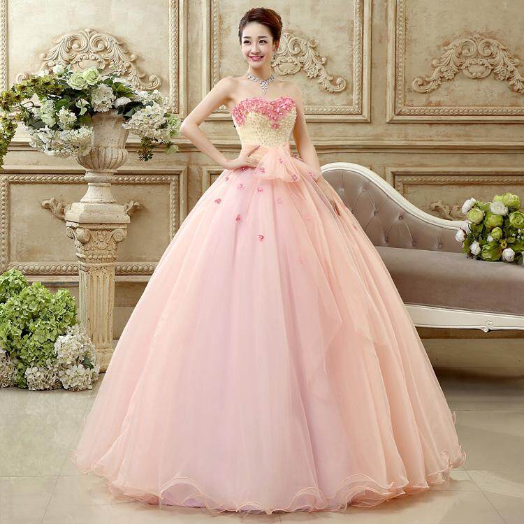 Sweetheart Neckline Pink Wedding Ball Gown Dress Handmade Flower