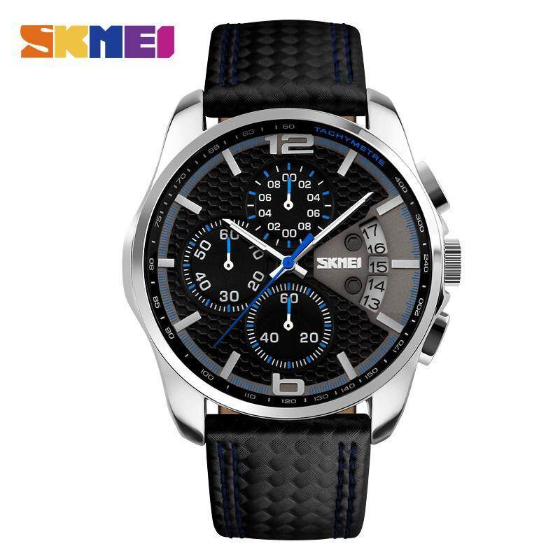 SKMEI New Men Fashion Watches Analog Quartz Wristwatches 30M Waterproof Chronograph Date Leather Band Watch 9106