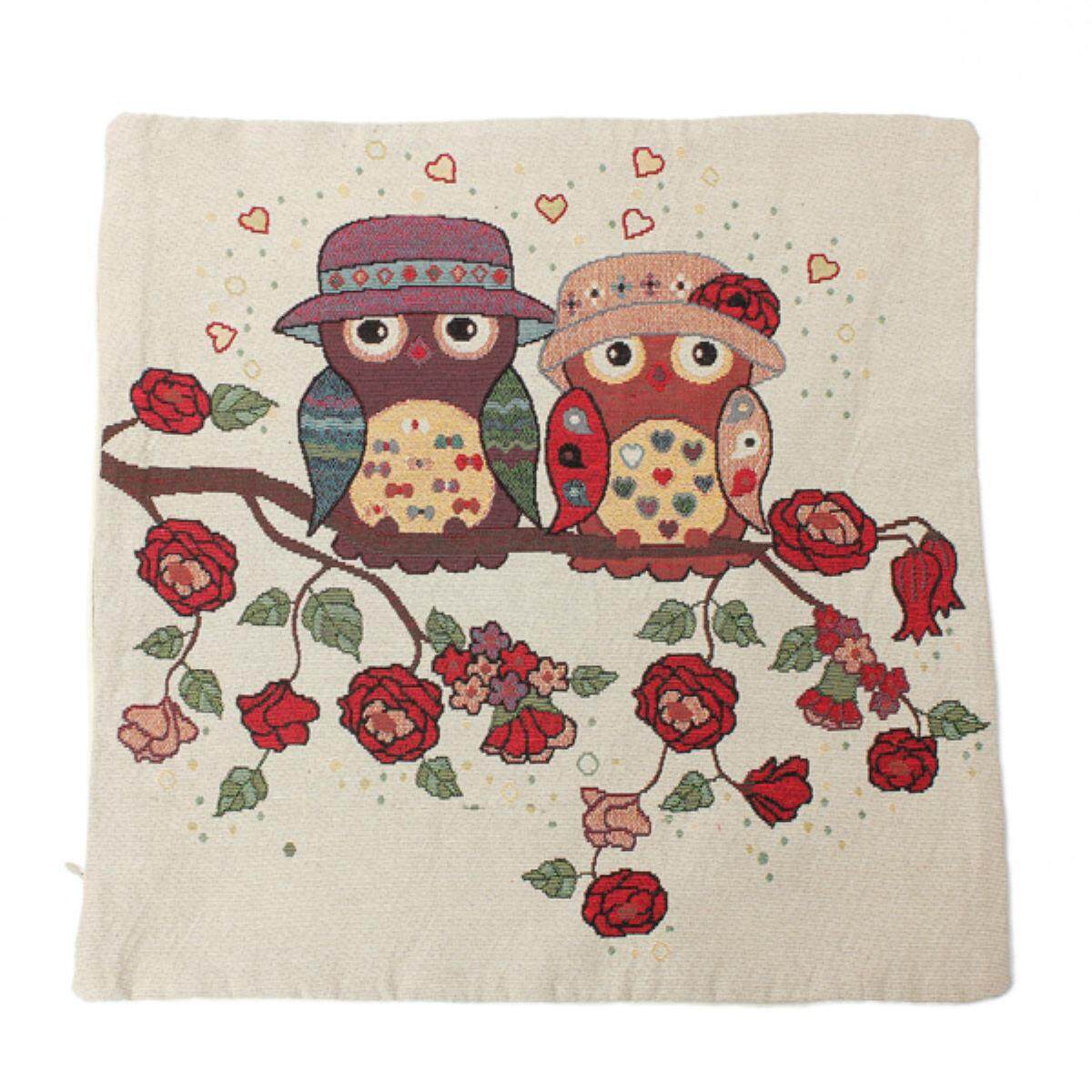 Cotton Linen Owl Bird Pillow Case Home Room Decor Back Throw Sofa Cushion Cover#Two Hat Owls