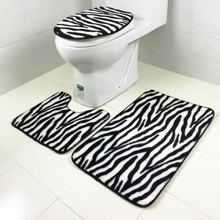 3 Sets Toilet Seat Zebra Pattern Carpet Fabric Printing Bathroom Mat Non-slip Floor Mat - intl