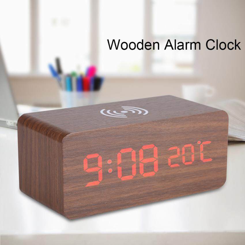 epayst  Wooden Digital Alarm Clock Voice Control Temperature Wireless Charger for Phone (Brown)