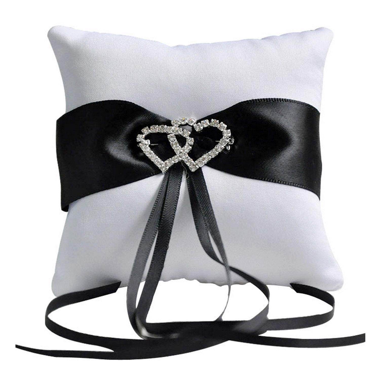 Lovely Rhinestone Decor Bridal Wedding Ring Bearer Holder Pillow Cushion with Black Satin Ribbons 15 x 15cm - intl