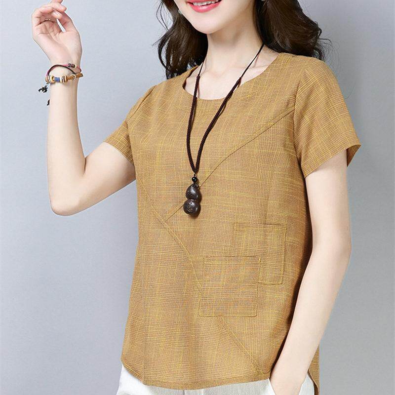 Women's Summer Blouses New Vintage Linen Cotton Ladies Tops Casual Loose Short Sleeve Shirt Female Plus Size Women Clothing