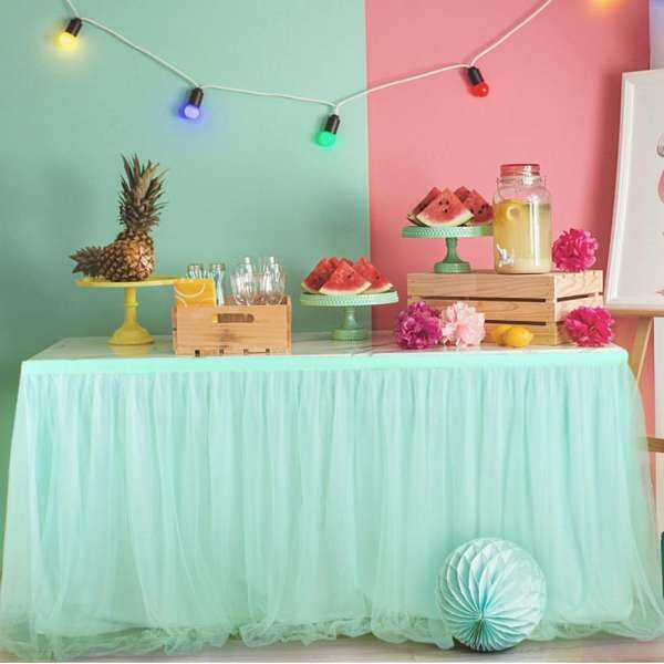 W-Toy Elastic Mesh Table Skirt Tulle Tableware Tablecloth for Party Wedding Birthday Home Decoration Mint Green