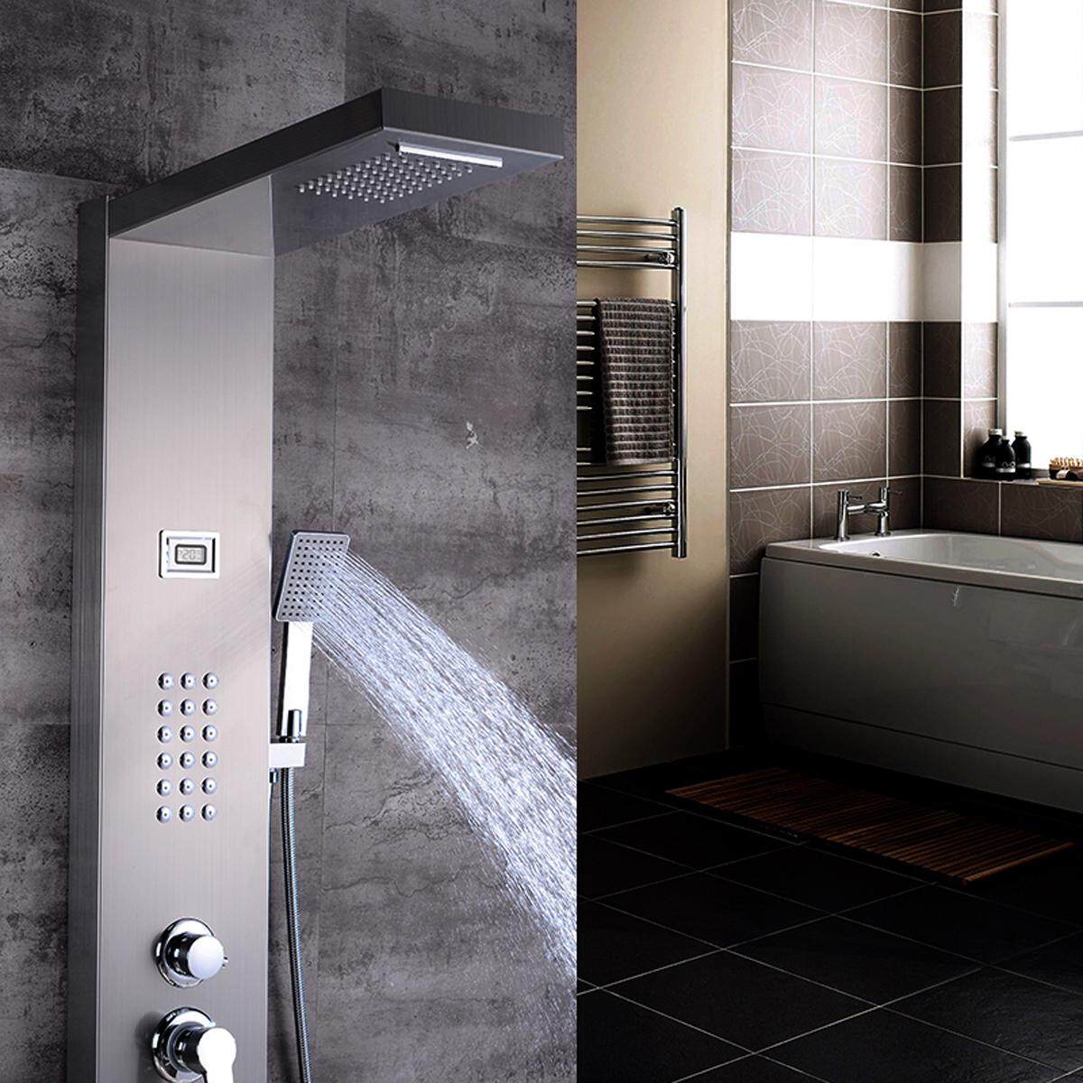 Brushed Nickel Nhiệt Tắm Bảng Cột Thác Nước Mưa Tắm Spa Máy Bay Phản Lực Chậu Vòi Xịt