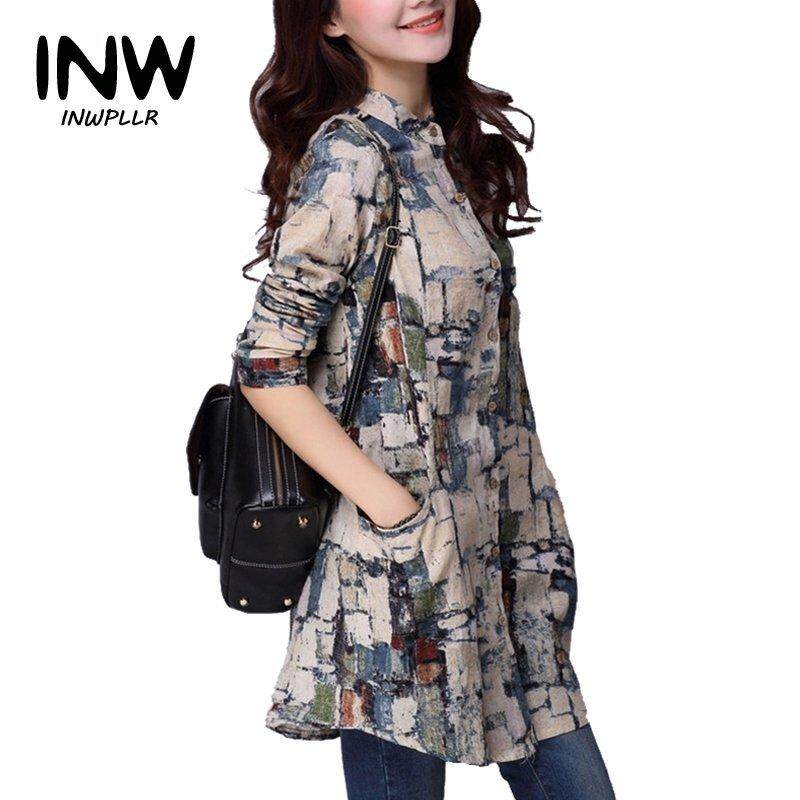 INWPLLR Women Shirts Trendy Cotton Linen Blouses Women Tops Autumn Winter Long Sleeve Tribal Print Blouses Long Tunic Tops Ladies