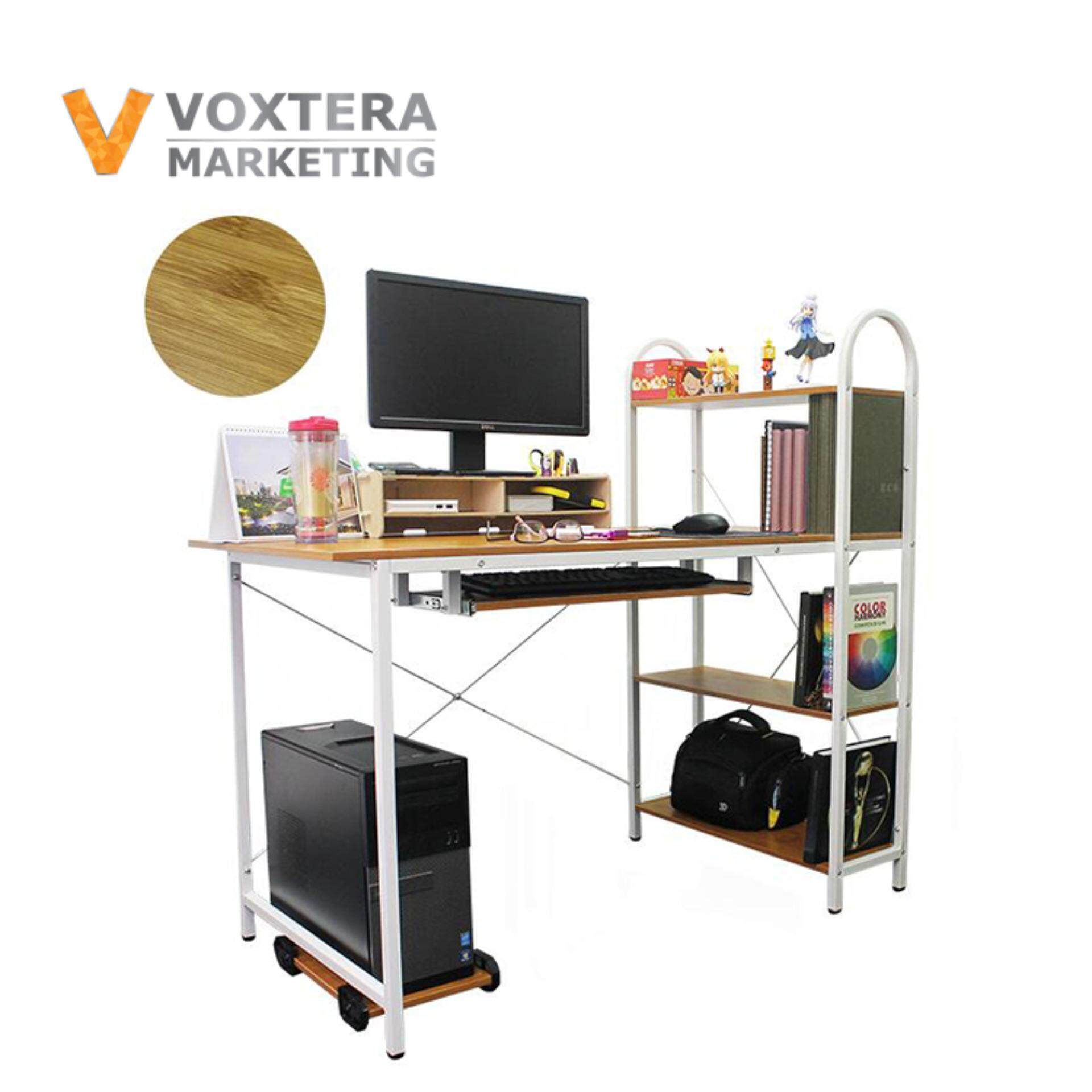 Livingcabinet Wooden Computer Table With Storage Rack Pc Stand Keyboard Tray Beige