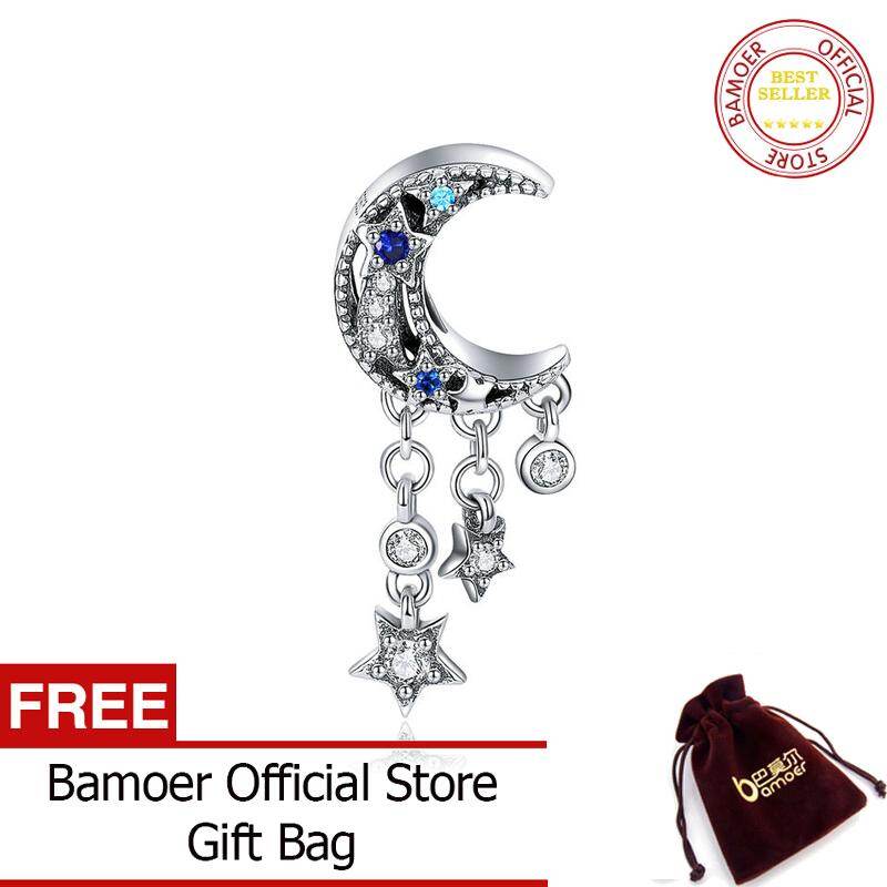 BAMOER Free Shpping October Genuine 925 Sterling Silver Sparkling Moon Tassel Star Charms Pendant fit Original Bracelets Necklaces Jewelry BSC023
