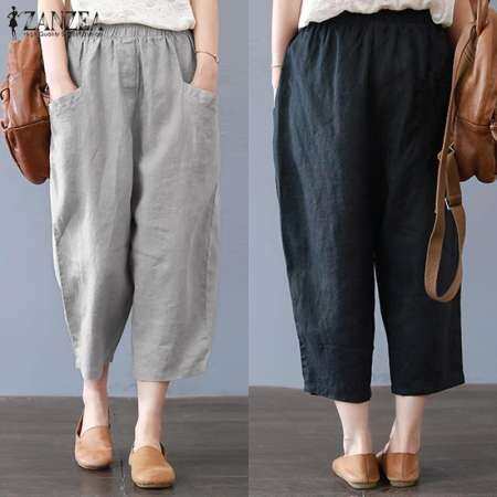 ZANZEA กางเกงขายาวลำลองผู้หญิง ผ้าคอตตอน ทรงหลวม สำหรับผู้หญิงไซส์ใหญ่