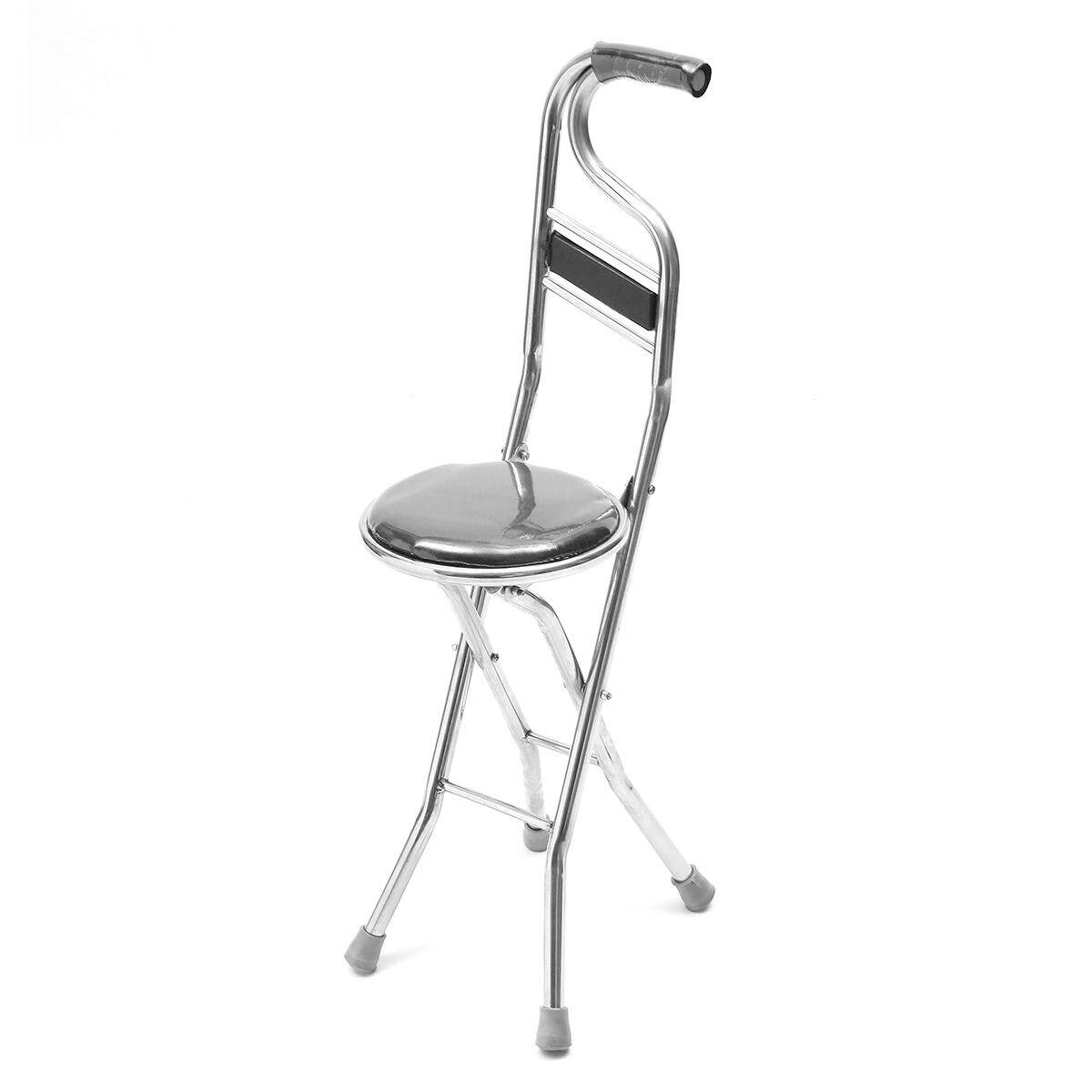 Stainless Steel Portable Folding Walking Stick Chair Seat Stool Travel Cane # Black