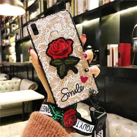 เคสสำหรับ VIVO V9 หญิงสีดำสีขาวลูกไม้ดอกกุหลาบเย็บปักถักร้อยฝาหลัง + 2 ชิ้น Lanyards GIF เคสสำหรับ VIVO V9 หญิงสีดำสีขาวลูกไม้ดอกกุหลาบเย็บปักถักร้อยฝาหลัง + 2 ชิ้น Lanyards GIF