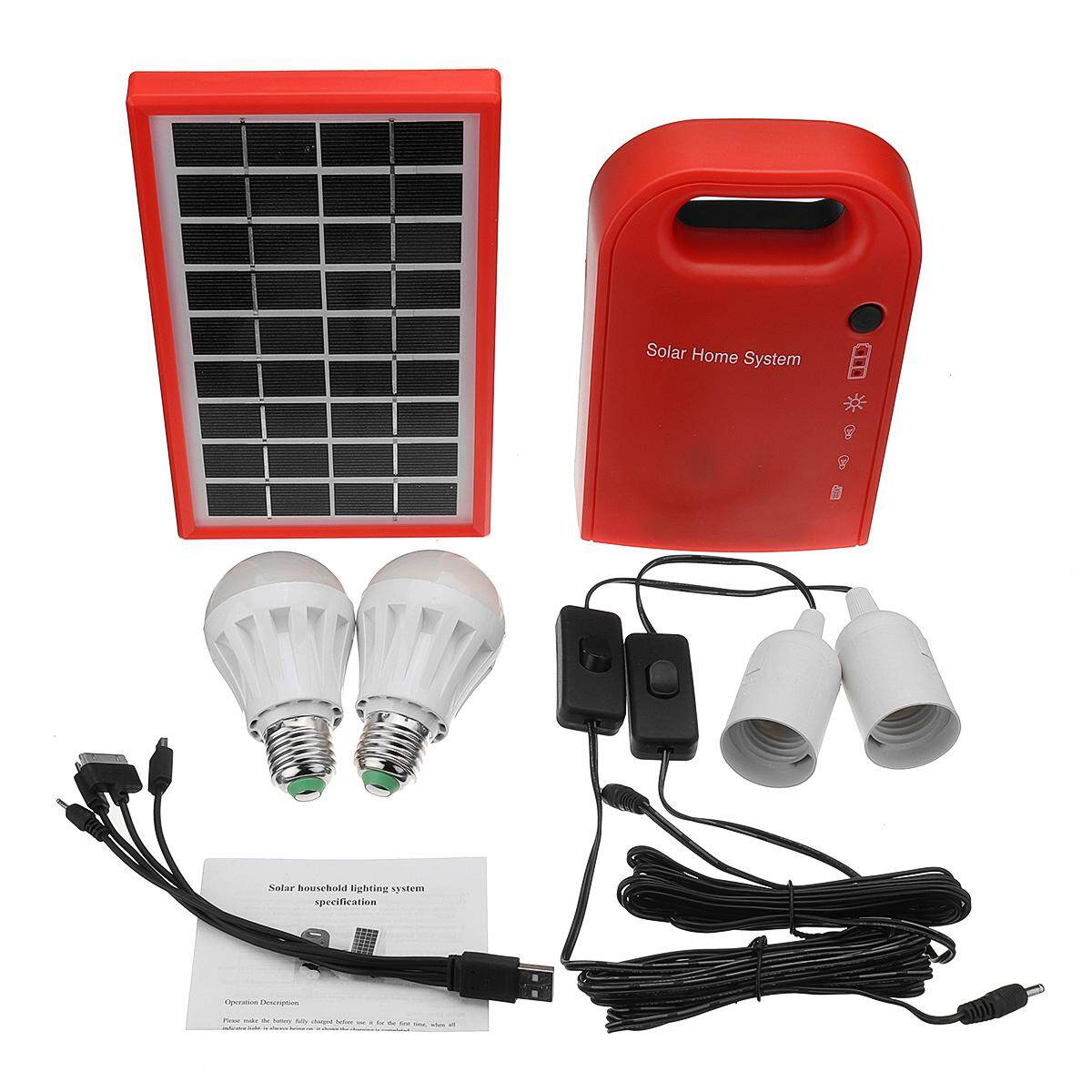 Solar Panel Power Generator LED Lighting System Kit USB Charger 2 LED Bulbs