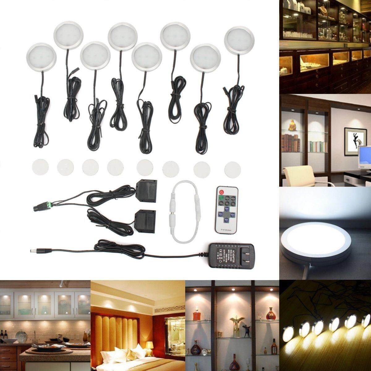 8pcs Kitchen Counter Under Cabinet White LED Light Puck Wireless Remote Dimmer