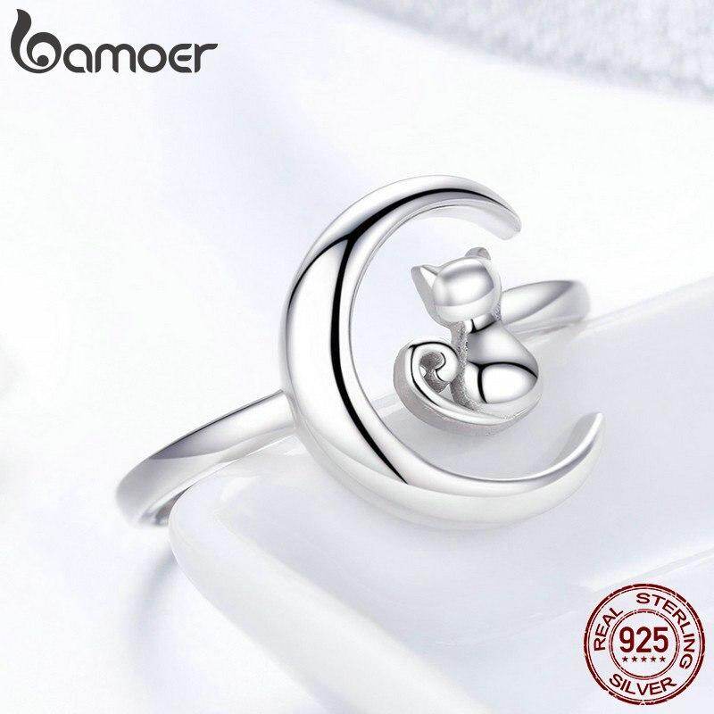 BAMOER Free Shpping October Authentic 925 Sterling Silver Moon Cat Open Size Adjustable Finger Rings for Women Wedding Engagement Jewelry SCR451