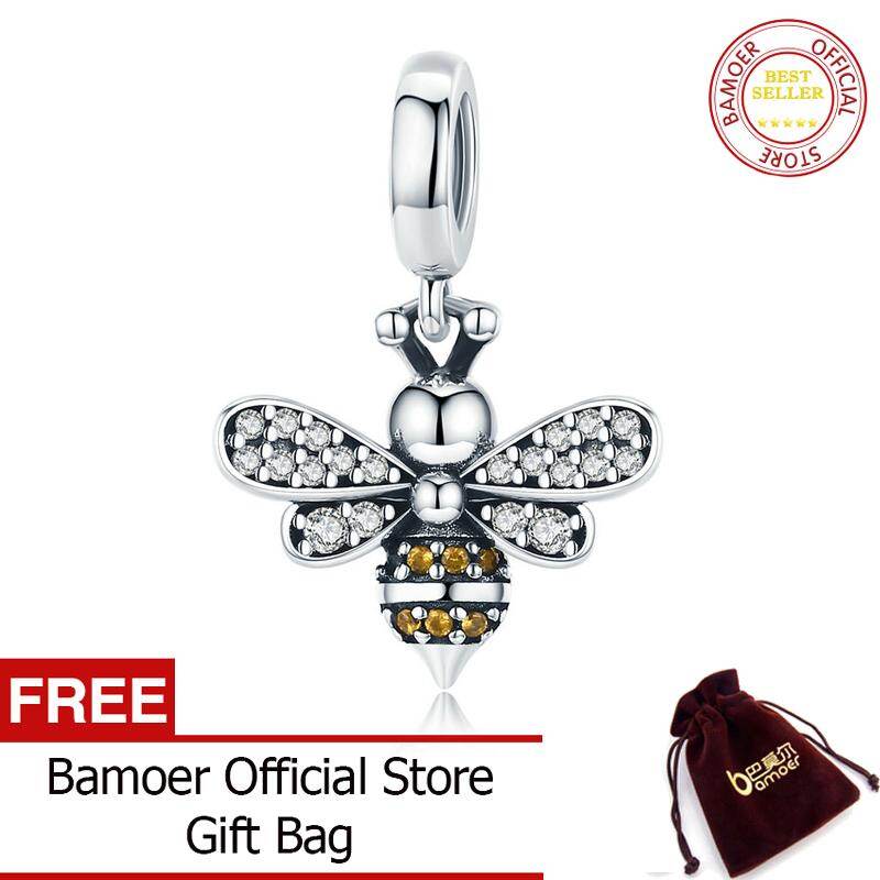 BAMOER Free Shpping 100% 925 Sterling Silver September Crystal Bee Luminous CZ Crystal Charm fit Women Charm Bracelets DIY Jewelry Girlfriend Gift SCC821