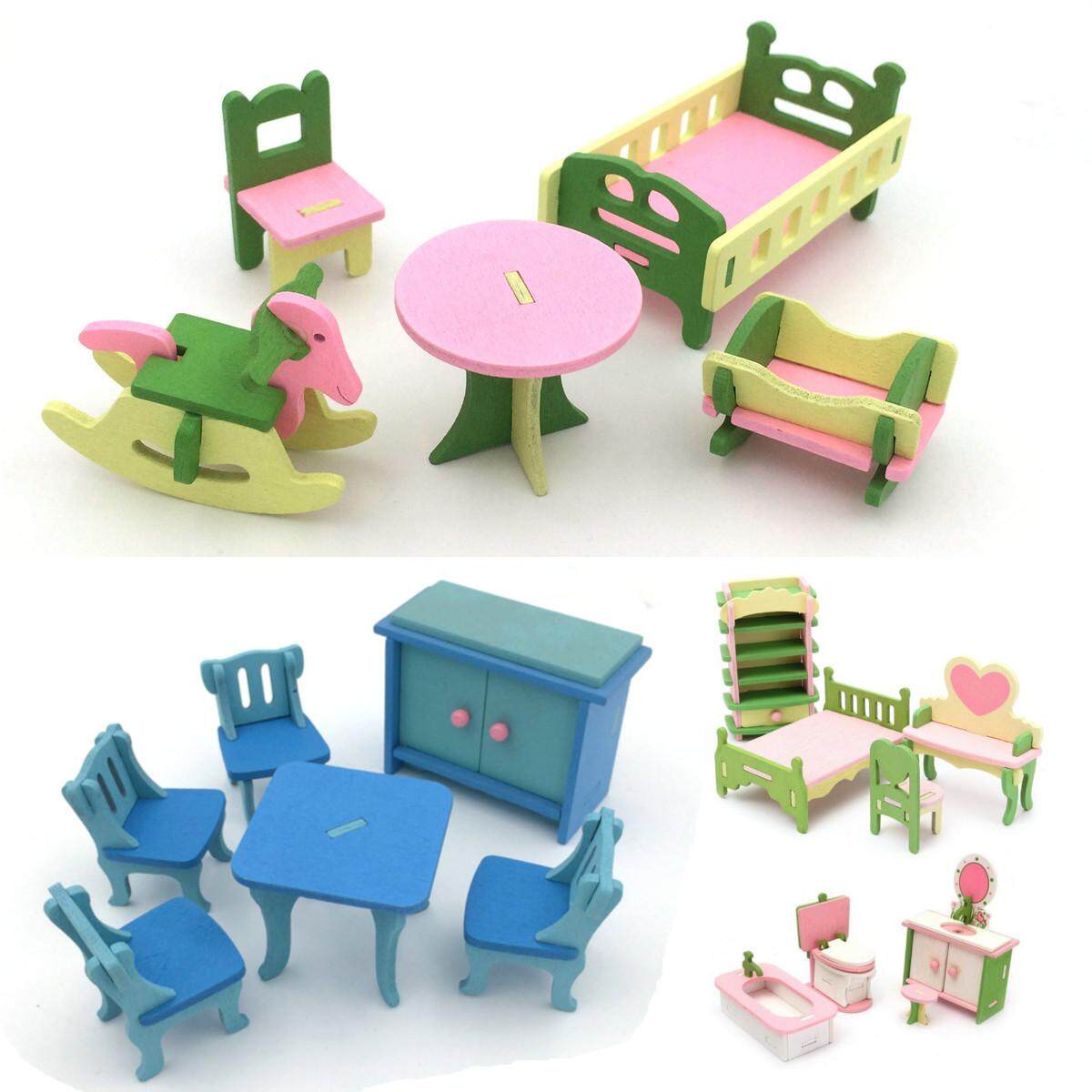 4 Sets of Delicate Wood Dollhouse Furniture Kits for Doll House Miniature