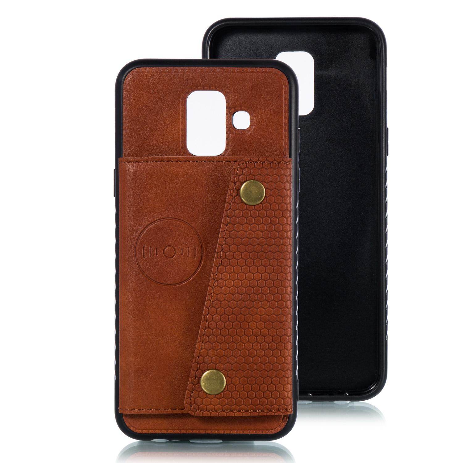 Cho Samsung A6 2018 da trường hợp nhiều Folio lật Bìa Wallet trở lại trường hợp vỏ, có thể làm việc với gắn trên xe hơi, ẩn thẻ tín dụng ID khe giữ, retro nút kim loại clasp, đứng hỗ trợ