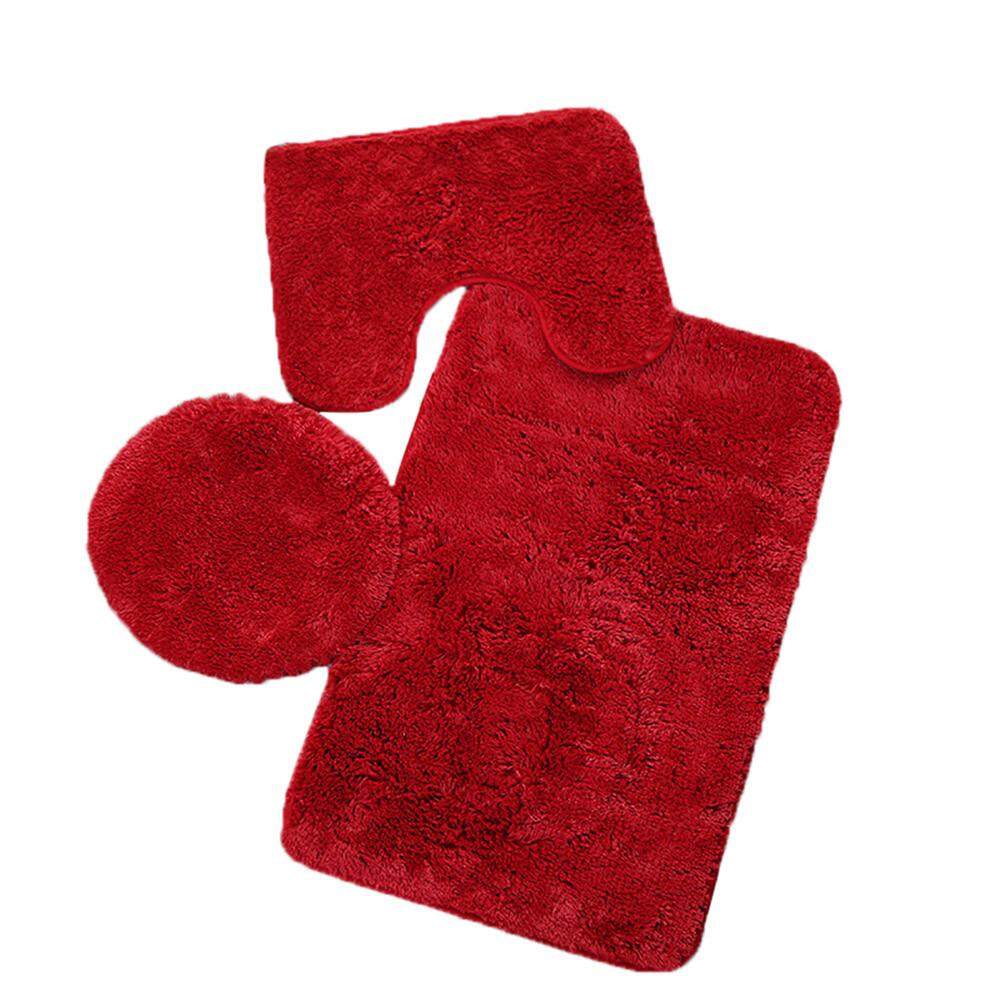 3pc Bathroom Set Rug Contour Mat Toilet Lid Cover Plain Solid Color Bathmats