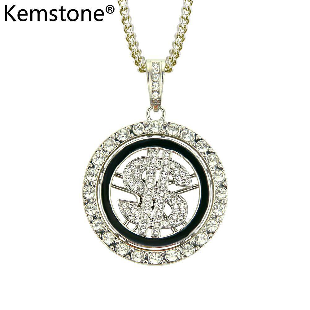 Kemstone Gold/Silver Rhinestone Hollow Ellipse Inlaid Rotatable Dollar Sign Creative Pendant Necklace Jewelry for Men