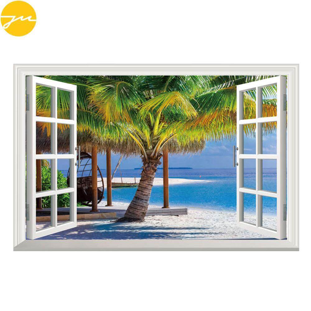 JMS 3D Wall Stickers Window Wallpaper Stereoscopic PVC Sea Coconut Trees