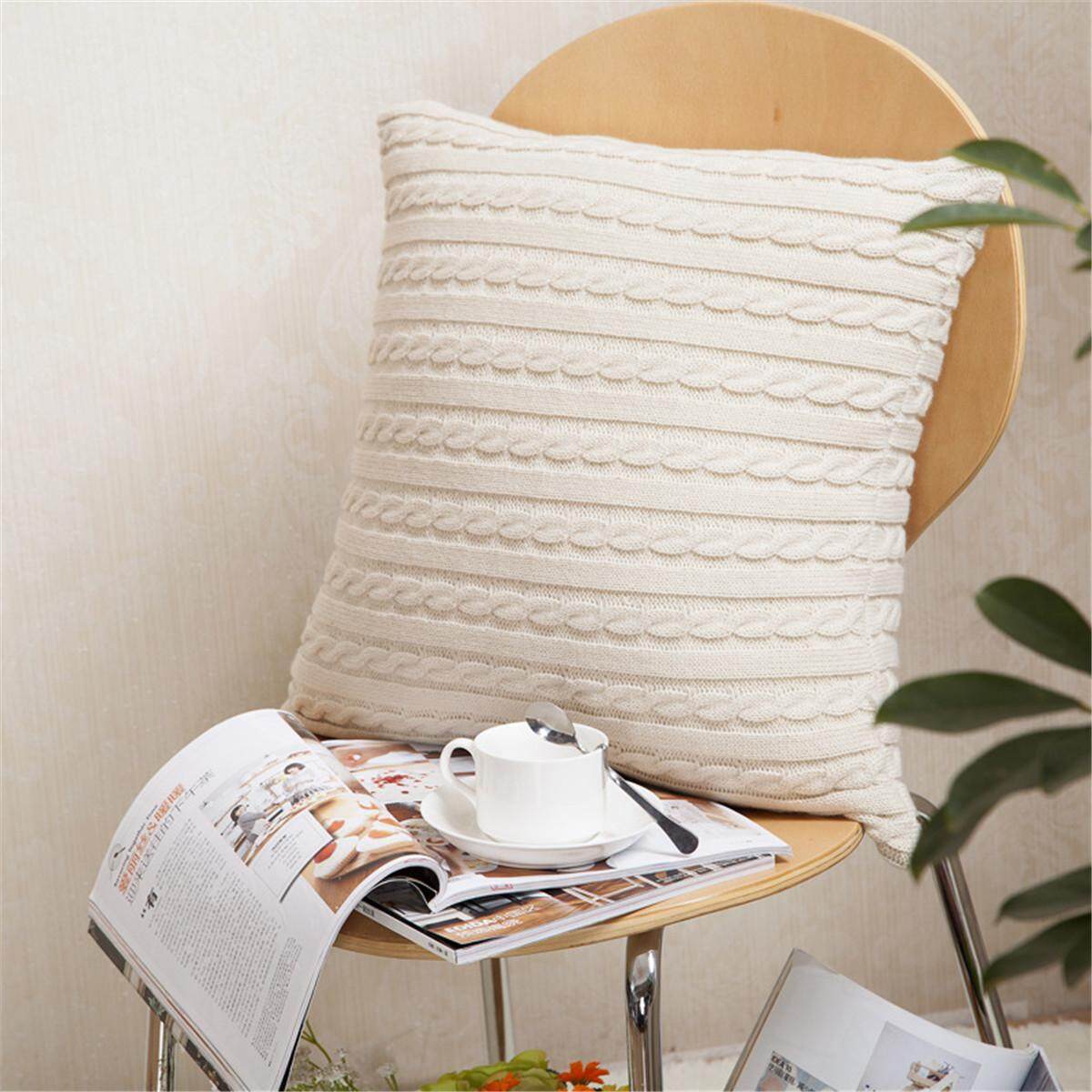 Decorative Cozy Cable Knit Throw Pillow Cover Cotton Super Soft Warm Pillow Case#Beige