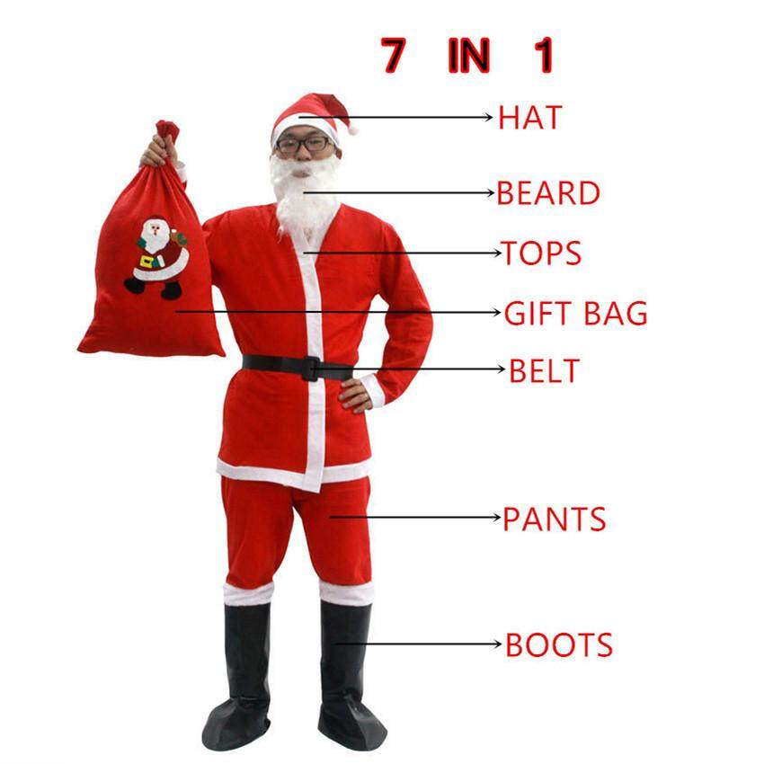 Adult Santa Claus Costume Suit Non-woven Father Christmas Clothes Xmas Cosplay 7 IN 1 Hat, Bear, Tops, Belt, Pants, Gift Bag,Boots