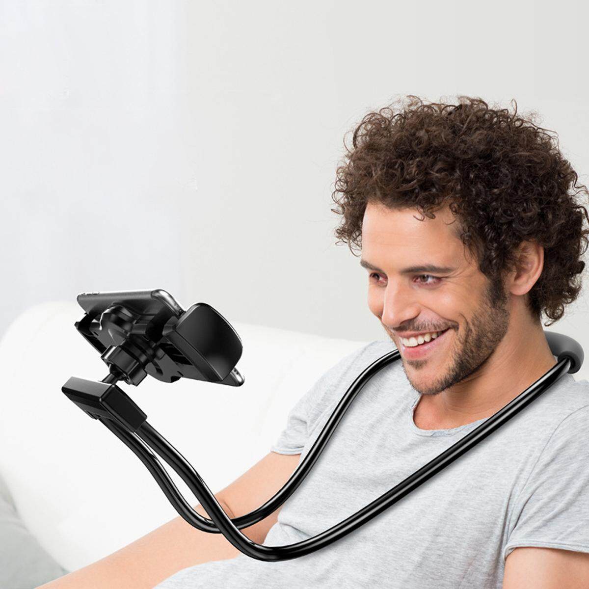 Baseue Flexible Lazy Hanging Neck Phone Holder Desktop Stand Selfie Monopod - Black