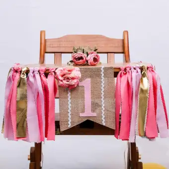 Bolehdeals Baby Kids 1st Birthday Highchair Banner Flower Rag Tied