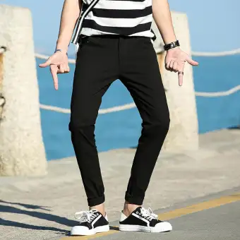 Men Casual Pants Slim Ankle Pants Solid Color Slacks Cotton Ninth