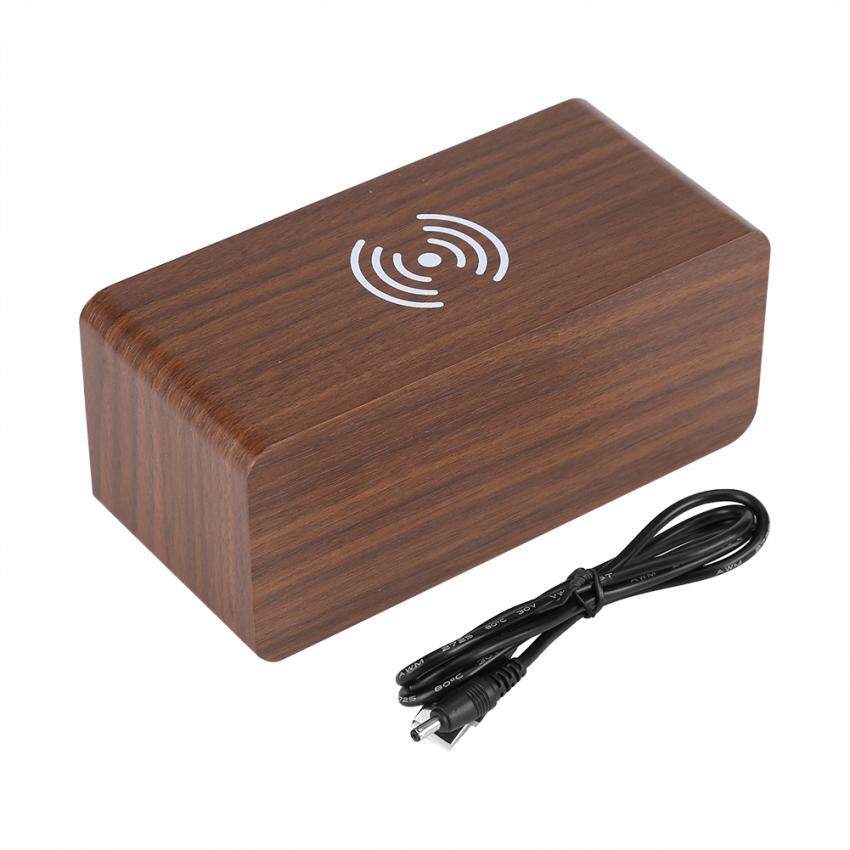 epayst  Wooden Digital Alarm Clock Voice Control Temperature Wireless Charger for Phone (Brown)