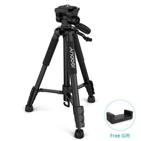 Andoer TTT-663N 57.5 นิ้วขาตั้งกล้องสามขาน้ำหนักเบาสำหรับถ่ายภาพวิดีโอสนับสนุน DSLR กล้องวิดีโอ SLR พร้อมกระเป๋าใส่โน๊ตบุ๊คแบบพกพาโทรศัพท์ Clamp MAX. โหลด 3 กิโลกรัม