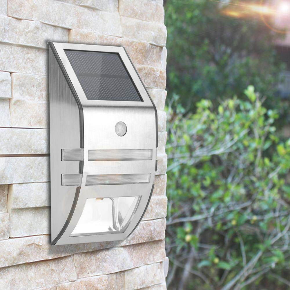 epayst Solar Powered PIR Motion Sensor 2 LED Path Wall Light Garden Security Lamps Silver Pure White