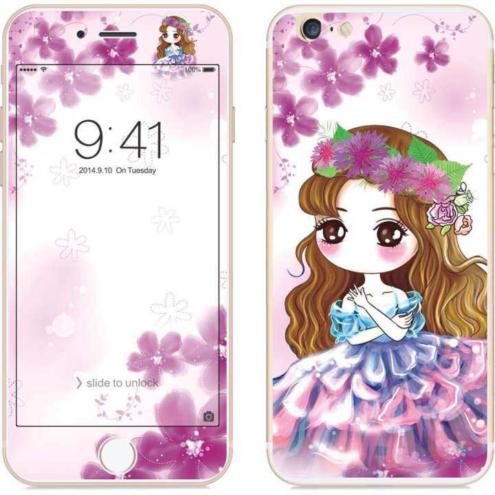 QM untuk iPhone 6/6 S 2.5D Ujung Lengkung Kartun Bunga Gaya Peri Depan & Belakang Colorful Penuh Tempered Glass Protektif Film Spesifikasi: iPhone 6/6 S