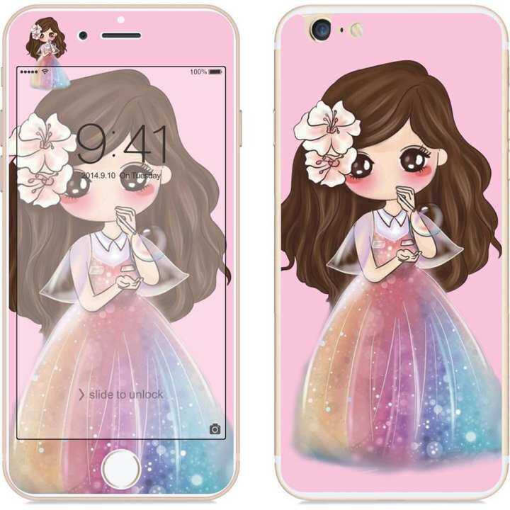 QM untuk iPhone 6/6 S 2.5D Ujung Lengkung Kartun Bunga Gaya Peri Depan & Belakang Colorful Penuh Tempered Glass Protektif Film Spesifikasi: iPhone 6/6 S