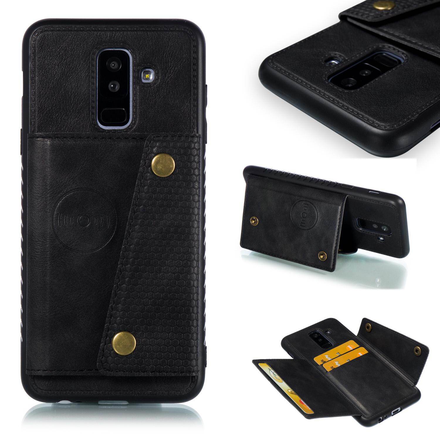 Cho Samsung A6 + a6plus 2018 da trường hợp nhiều Folio lật Bìa Wallet trở lại trường hợp vỏ, có thể làm việc với gắn trên xe hơi, ẩn thẻ tín dụng ID khe giữ, retro nút kim loại clasp, đứng hỗ trợ
