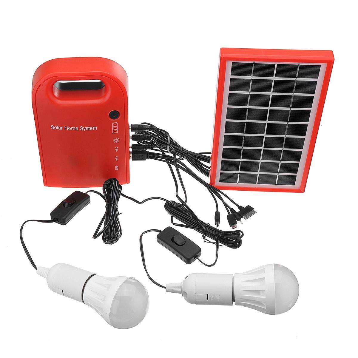 Solar Panel Power Generator LED Lighting System Kit USB Charger 2 LED Bulbs