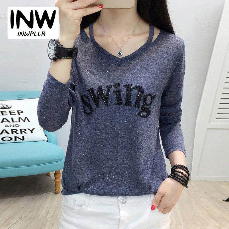 INWPLLR Fashion Women Tshirts Autumn Letter T-shirt Women Printing Diamonds Tee Shirt Ladies Long Sleeve Korean-style Tops Women