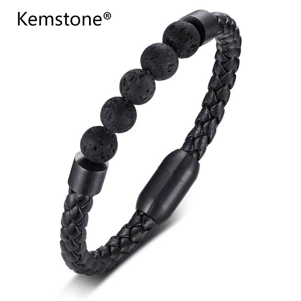 Kemstone Retro Stainless Steel Lava Stone Black Microfiber Leather Beads Bracelets Jewelry Men Gifts
