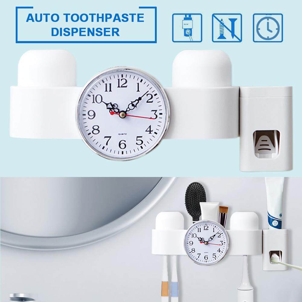 Anti-dust Wall Mount Toothbrush Holder with Toothpaste Dispenser，2 Cups ，1 Clock - intl