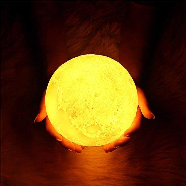 3D Moon Lamp LED Night Light Desk Top Lamp with Wooden Base and Touch Seneor 3 Color Changing USB Light 20cm