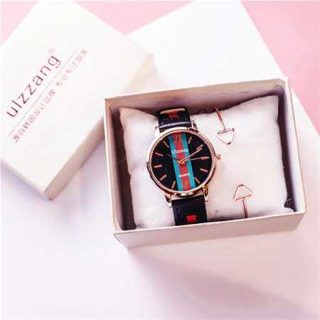 [รูปลอกเตือนความจำกล่องและสร้อยข้อมือ] แฟชั่นเกาหลีสายหนังควอตซ์นาฬิกาข้อมือผู้หญิง