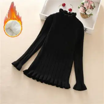 Girls plus Velvet Sweater 2019 New Style Autumn And Winter Pullover Outer Wear Sweater Children Bell Sleeve Black And White Base Shirt