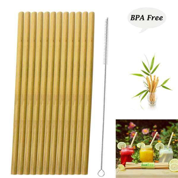 12pcs Bamboo Drinking Straws with 1pcs Cleaning Brush for Home Cold Drink Shop Coffee Shop 8 Inch Length