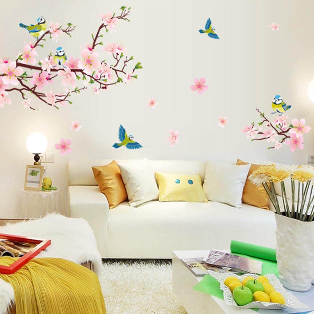 Pink Peach Flower Birds PVC Wall Decals DIY Home Sticker WallPaper Vinyl Wall arts Pictures Removable Murals For House Decoration Baby Living Rooms Bedroom Toilet