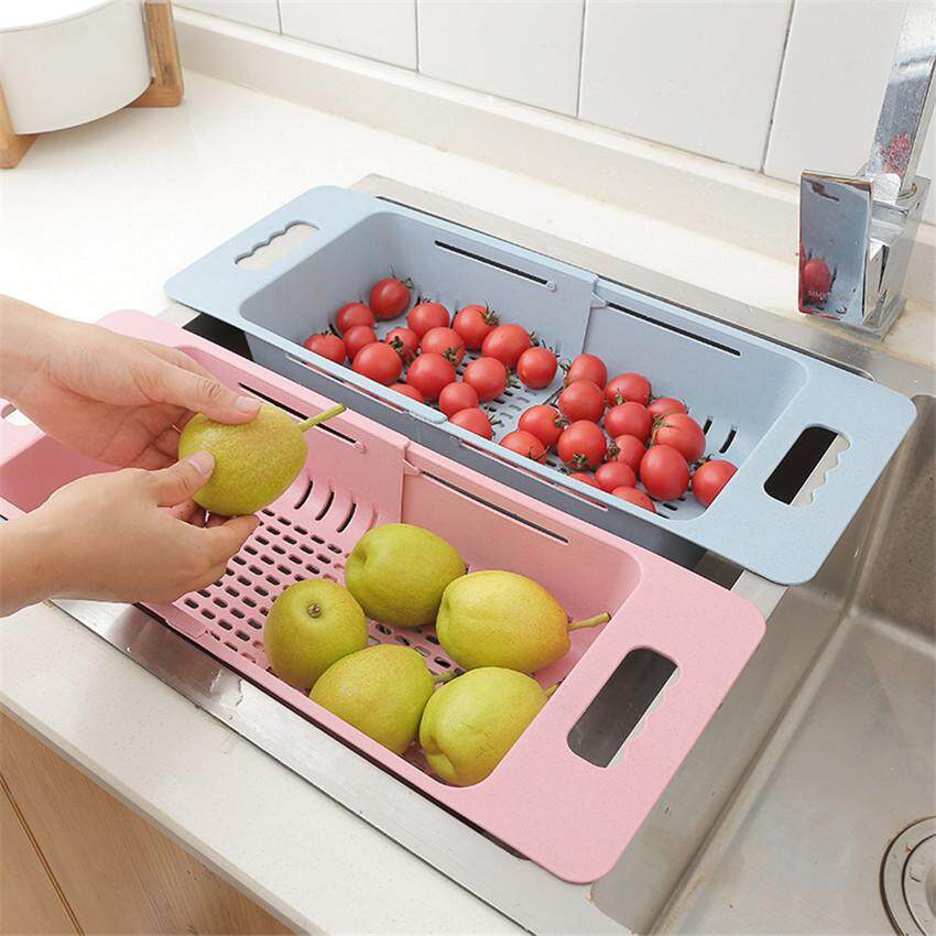 2018 Retractable Sink Hollow Drain Storage Basket with Multi-purpose Wheat Straw Fruit and Vegetable Racks Vegetable Basket