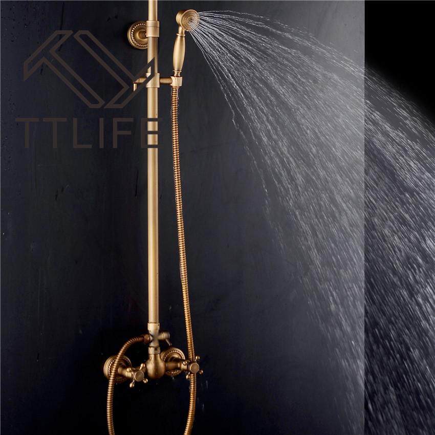 TTLIFE Bathroom Retro Shower Set Faucet Antique Brass Brass Style Dual Handles Wall Handles