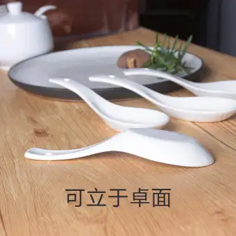 Ceramic Spoon Chinese Style White Spoon Household Restaurant White Eating Soup Tsp Flat Bent Spoon Tableware